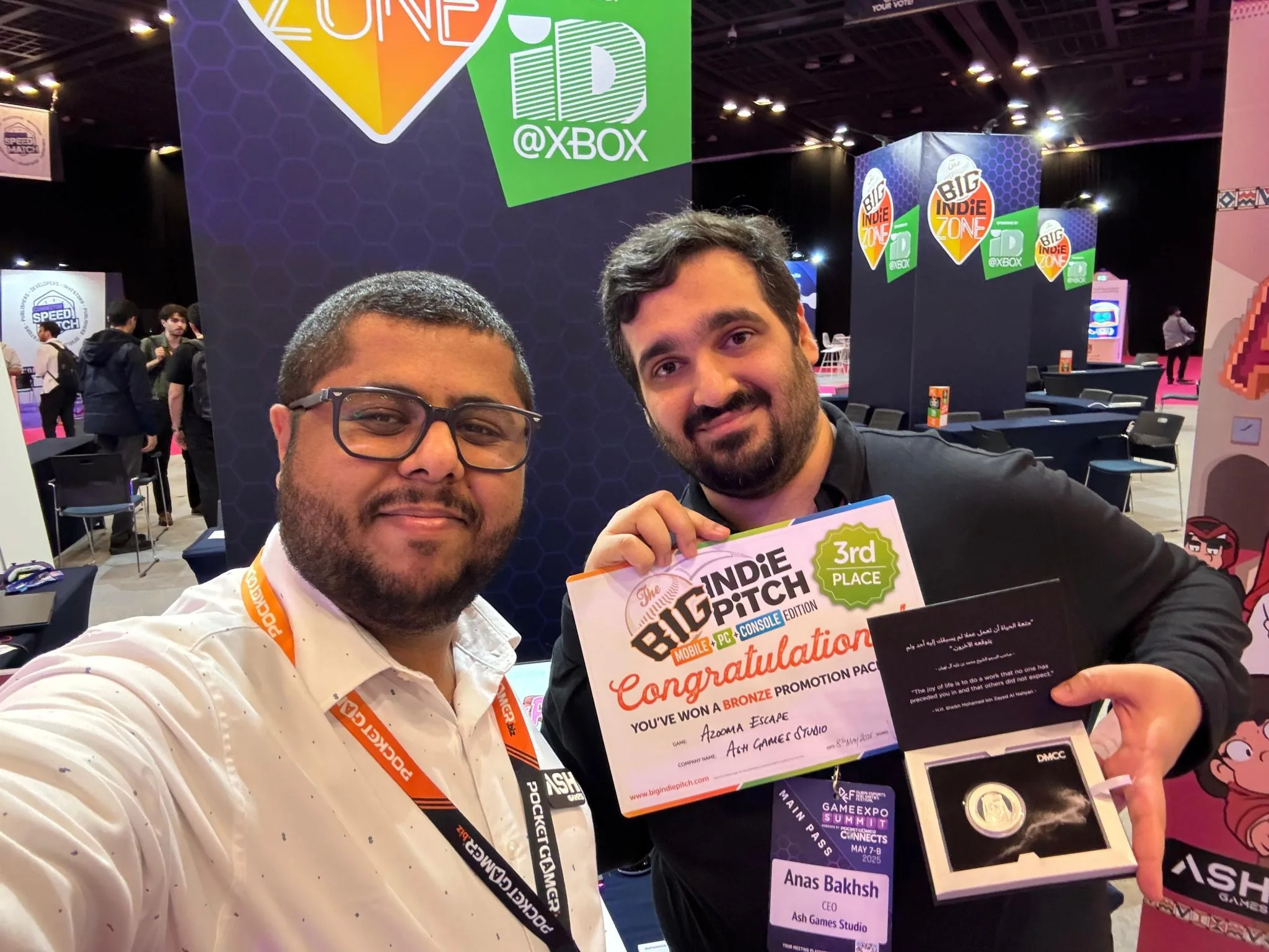 Yaser and Anas Bakhsh at Dubai Games Expo with the 3rd place Big Indie Pitch certificate