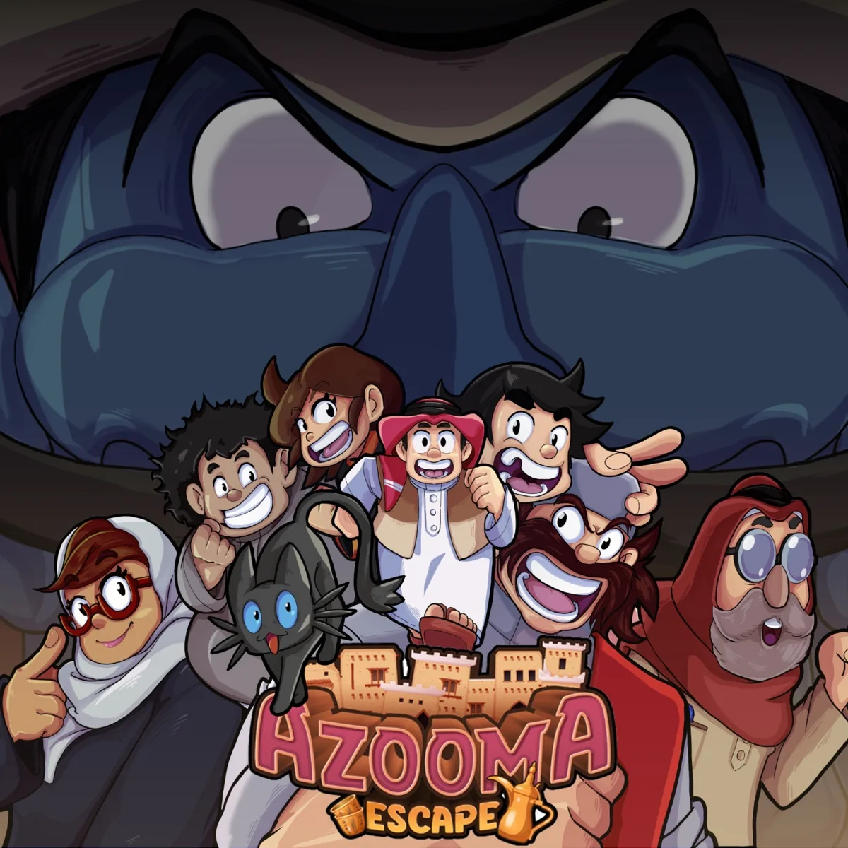 Azooma Escape key art , the cast under the watchful gaze of the jini.
