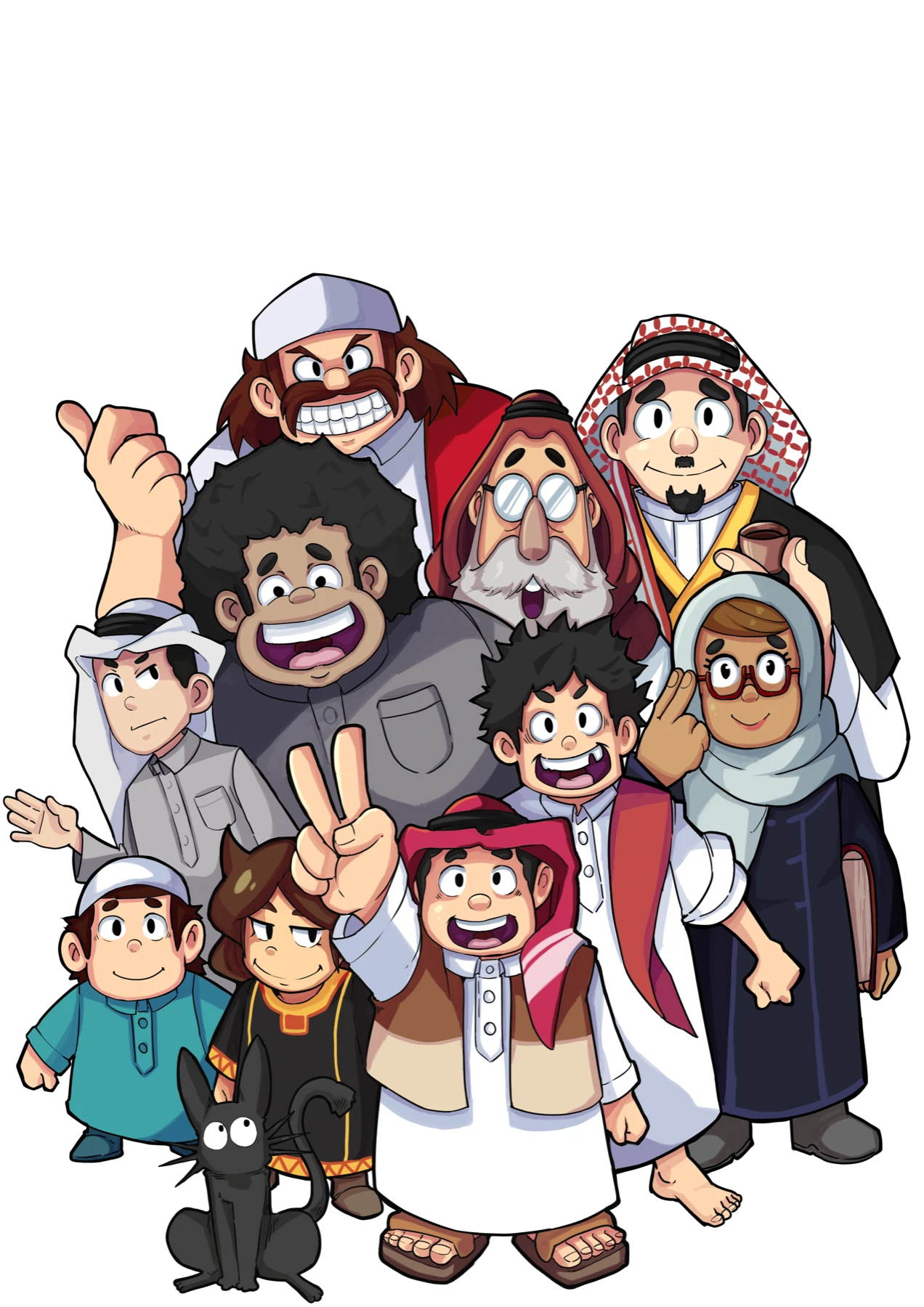 The full cast of Azooma Escape , eight Saudi family members and one black cat.