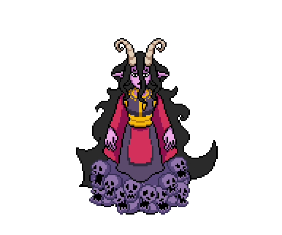 Om Al-Dowais, a large boss floating over skulls, pixel art animation