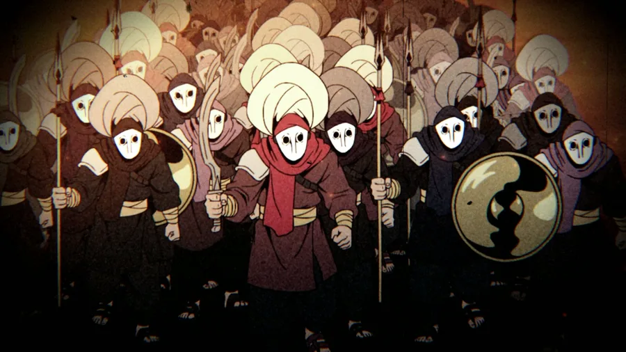 An army of white-masked soldiers with spears and shields