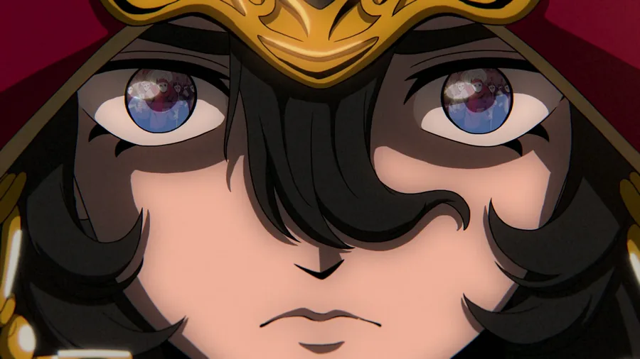 Close-up of Zarqa's face with glowing gold accents on dark