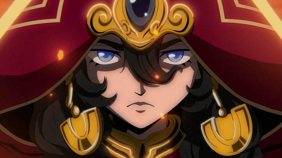 Zarqa, face on, ornate gold crown and crimson hood