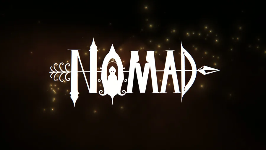 NOMAD logotype on black with gold particles