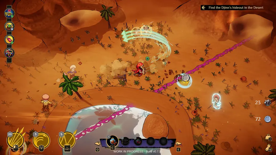 Nomad gameplay, a steering arrow snakes across the sand while a wind slash lands
