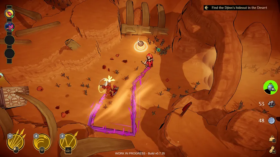 Nomad gameplay, Zarqa bends a steering arrow around a ruined wall