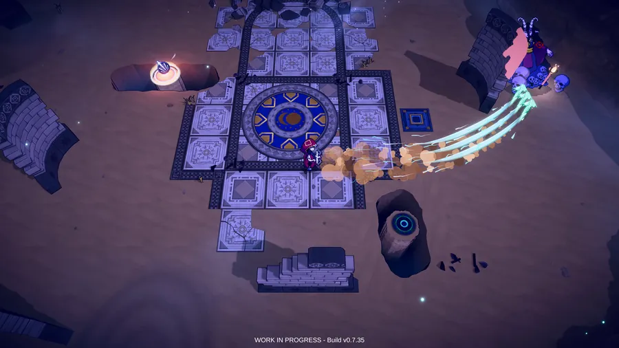 Nomad gameplay, Zarqa sends a wind slash across the moonlit temple floor