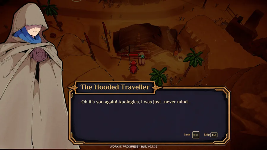 Nomad gameplay, Dialogue with the Hooded Traveller in a desert ruin