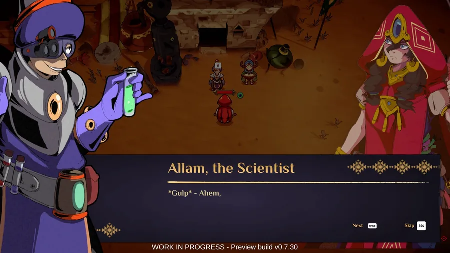 Nomad gameplay, dialogue with Allam the scientist in a desert camp