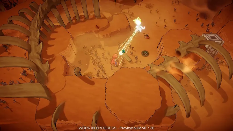 Nomad gameplay, zarqa fires a charged light arrow inside a bone-ringed pit
